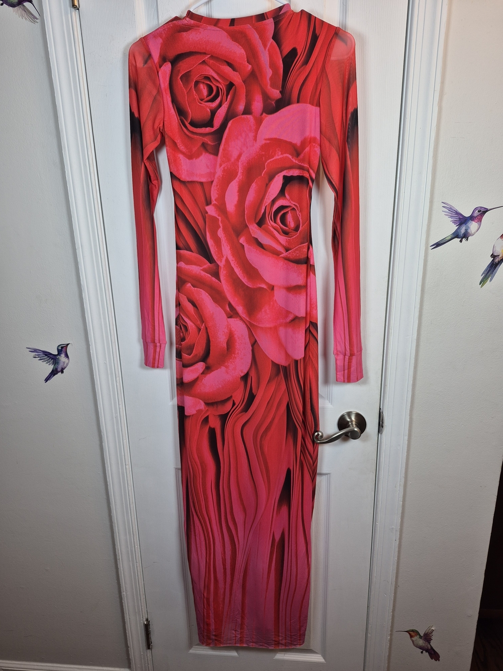 AFRM Didi Mesh Maxi Dress S NWT Pink Red Rose Print Floral Long Sleeve Bodycon - Picture 2 of 7